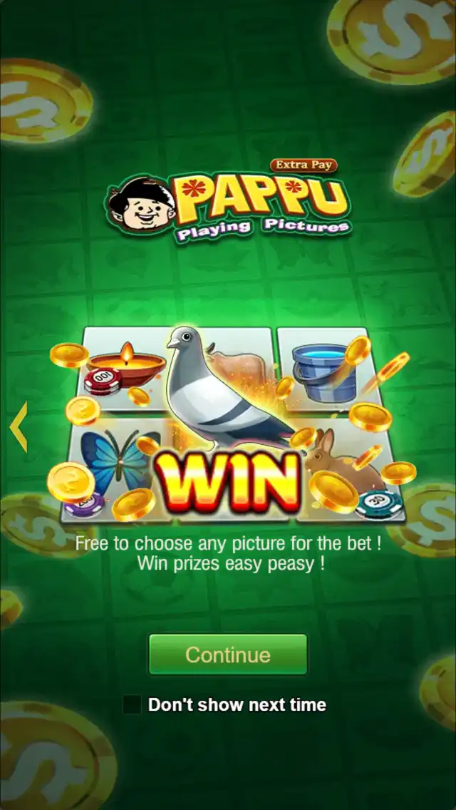 PAPPU result screen showing a pigeon reveal, WIN overlay, and the picture-selection board behind it.
