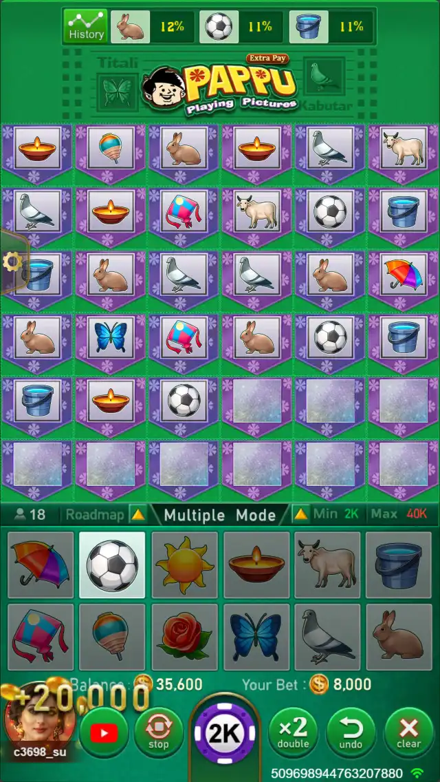PAPPU main board showing covered picture cards, History, Roadmap, Multiple Mode, and the twelve-symbol selection panel.