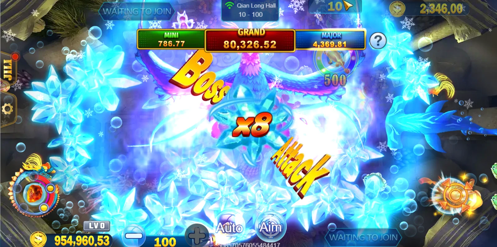 Royal Fishing: Frozen arena effect with an x8 Attack label.