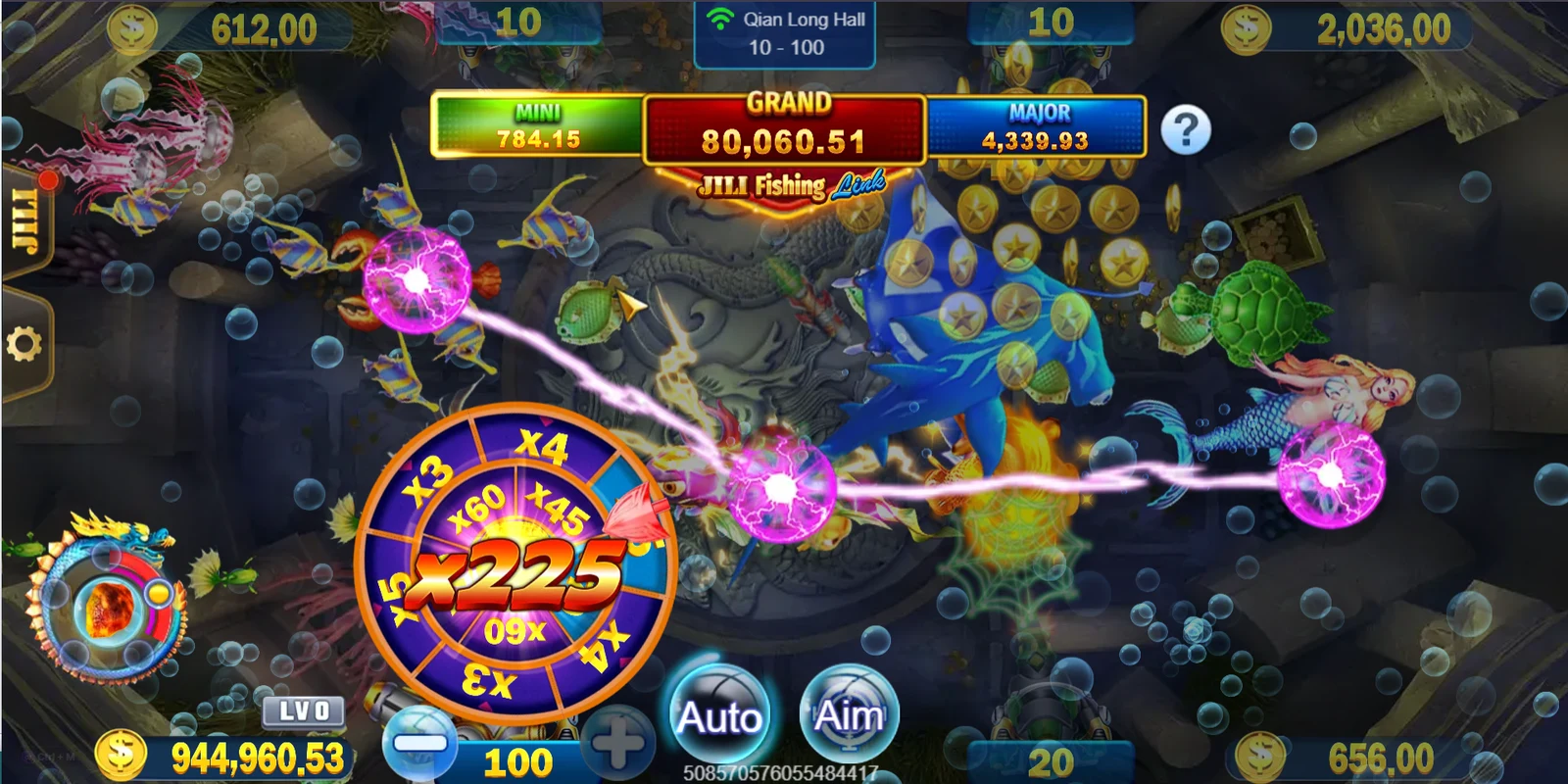 Royal Fishing: Money Dragon King wheel with x225 displayed at its center.