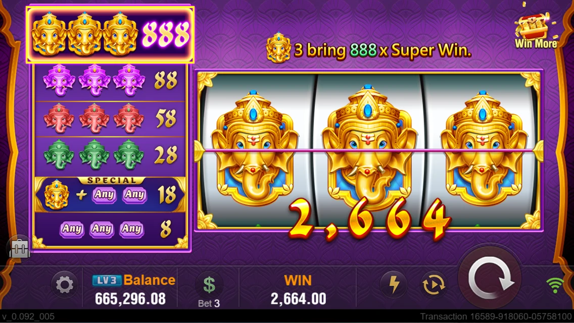 Super Rich: Matching golden elephant symbols with a captured result.