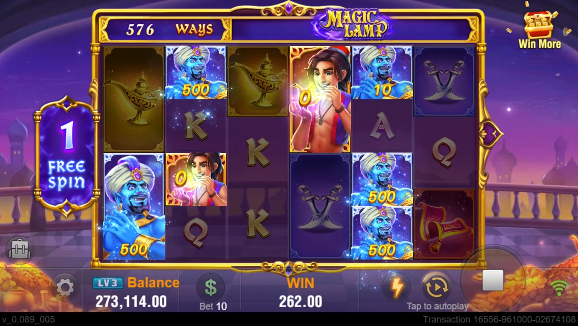 Magic Lamp: Free Spin grid showing character and genie symbols.