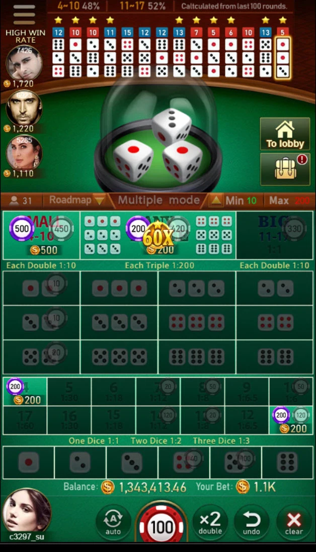 Three-dice table with chip controls and a result history above it.