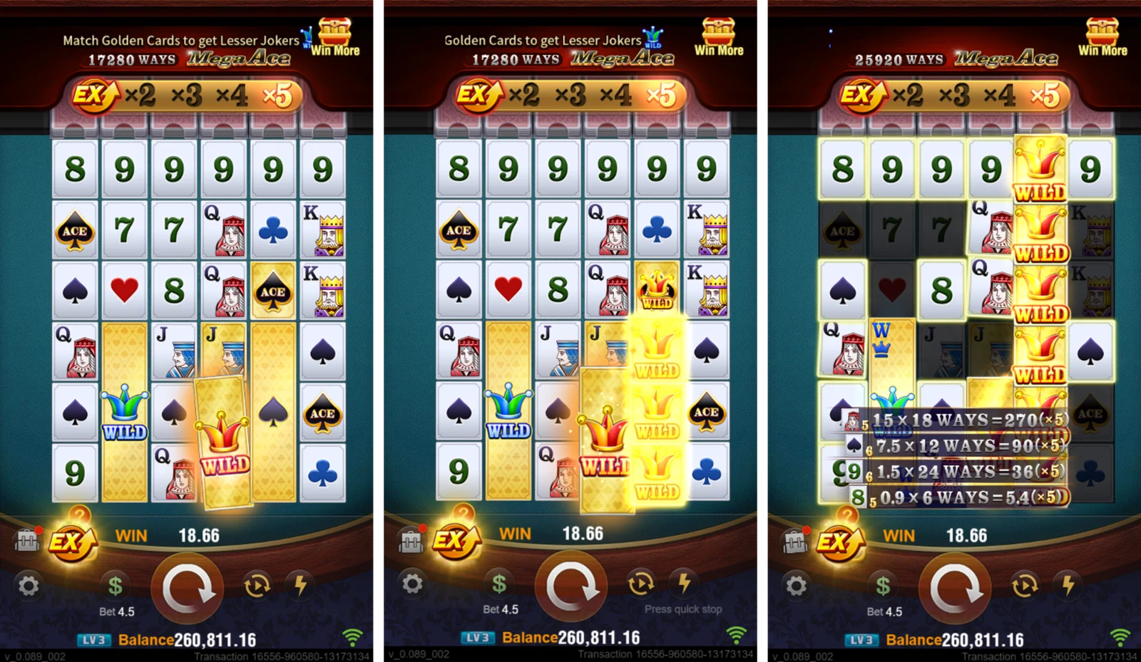 Three main-game panels showing golden cards, Lesser Joker and crown Wild states with changing ways labels.