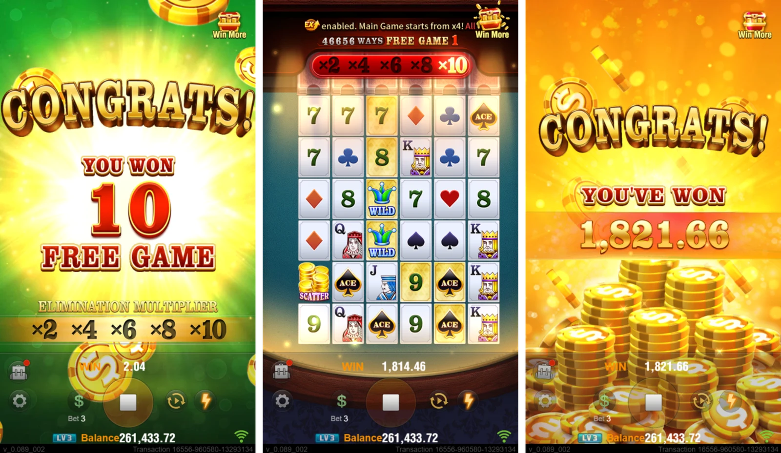 Free-game composite showing the award panel, reel state and a congratulatory total.