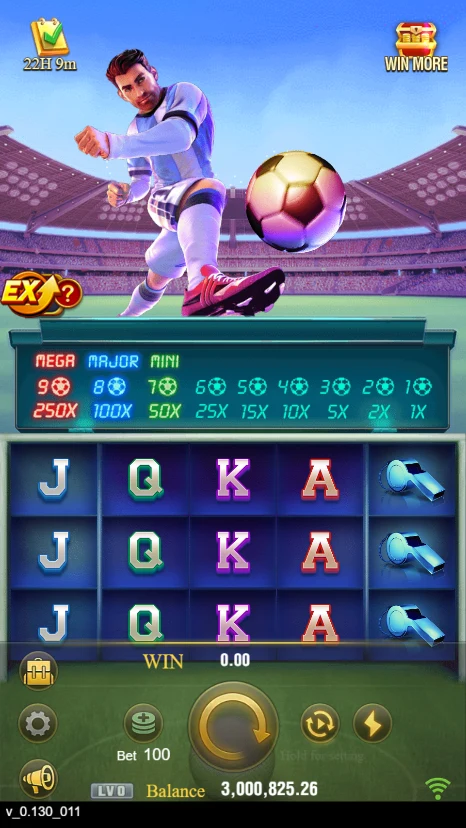 Football-themed reel layout with small card-rank and boot symbols.