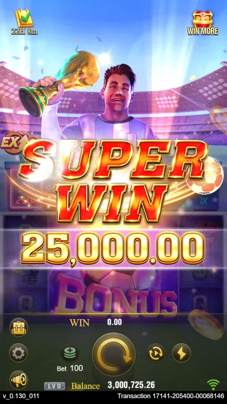 SUPER WIN display showing 25,000.00 above the football-themed reels.