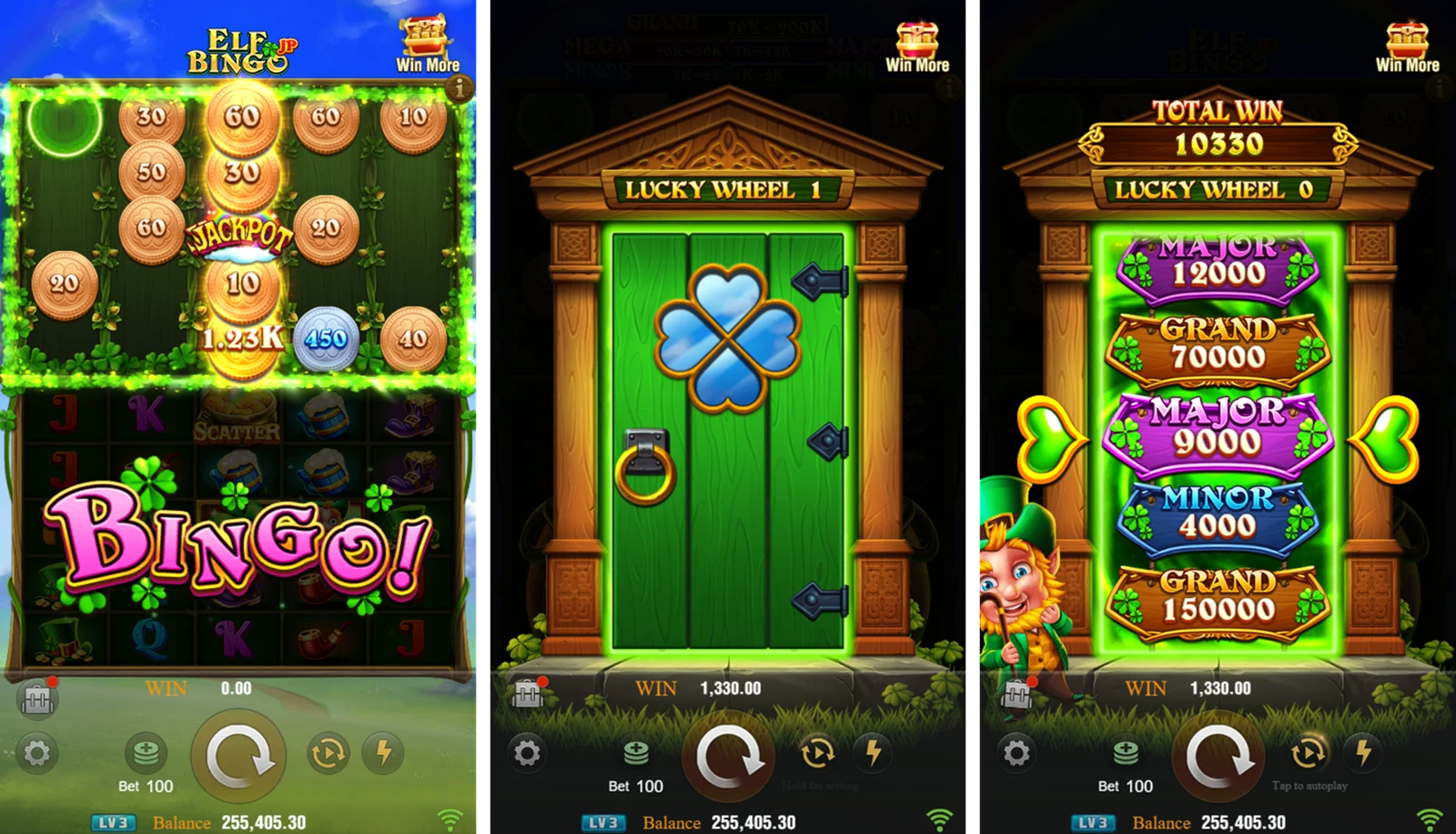 Elf Bingo: Composite Bingo and Lucky Wheel screens.