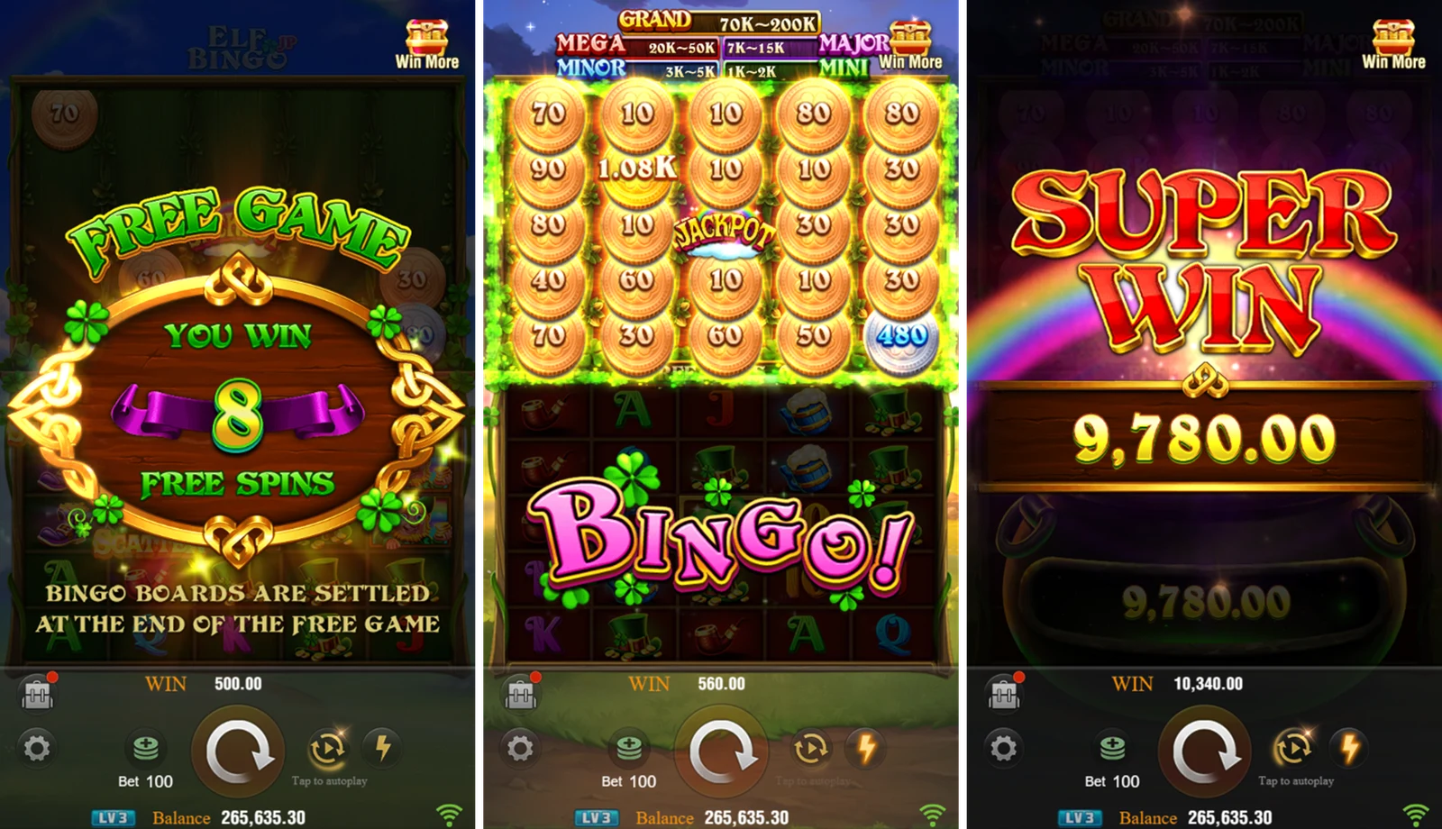 Elf Bingo: Composite Free Game, Bingo and Super Win screens.