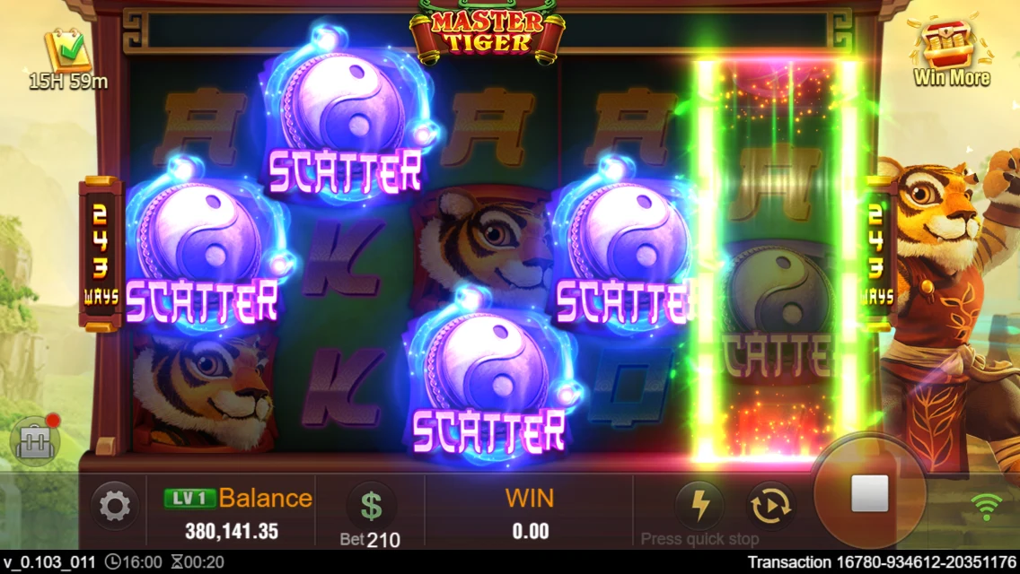Master Tiger: Reel grid with highlighted Scatter symbols.