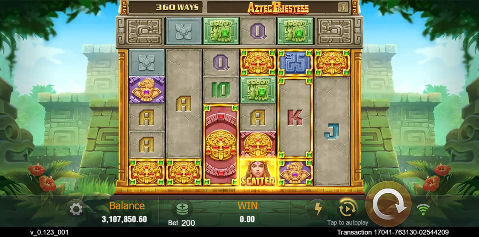 Aztec Priestess: Main grid with a displayed ways count.
