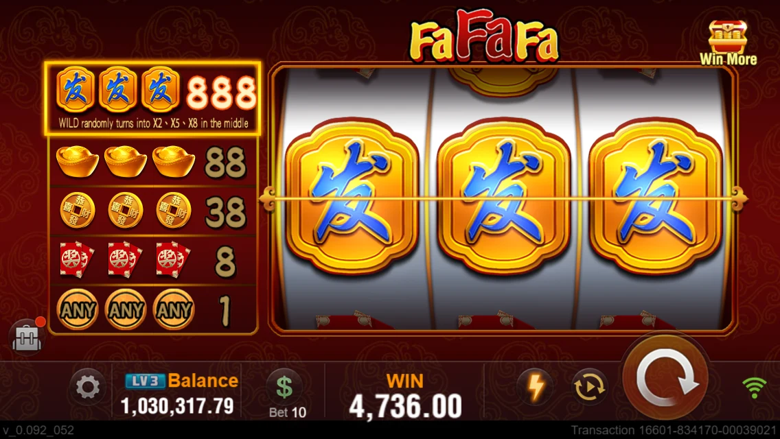 FA FA FA: Three matching Wild symbols with the result shown below.