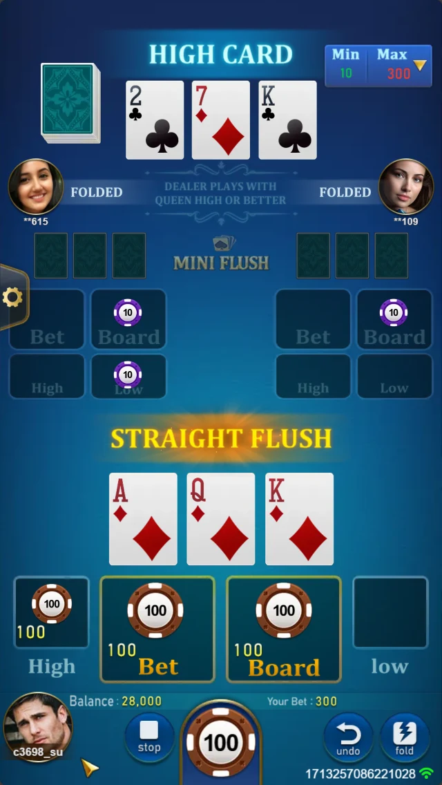 MINI FLUSH: Card comparison screen with a Straight Flush label.