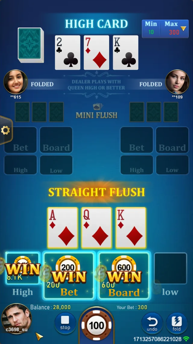 MINI FLUSH: Card comparison with a win overlay.