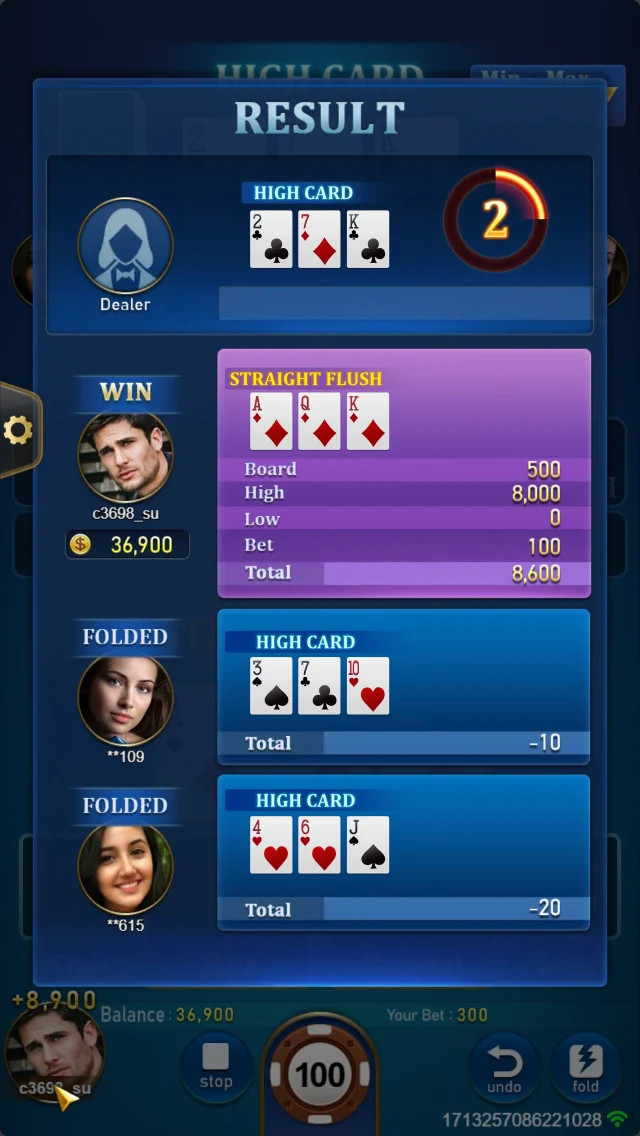 MINI FLUSH: Result panel listing hands at the table.
