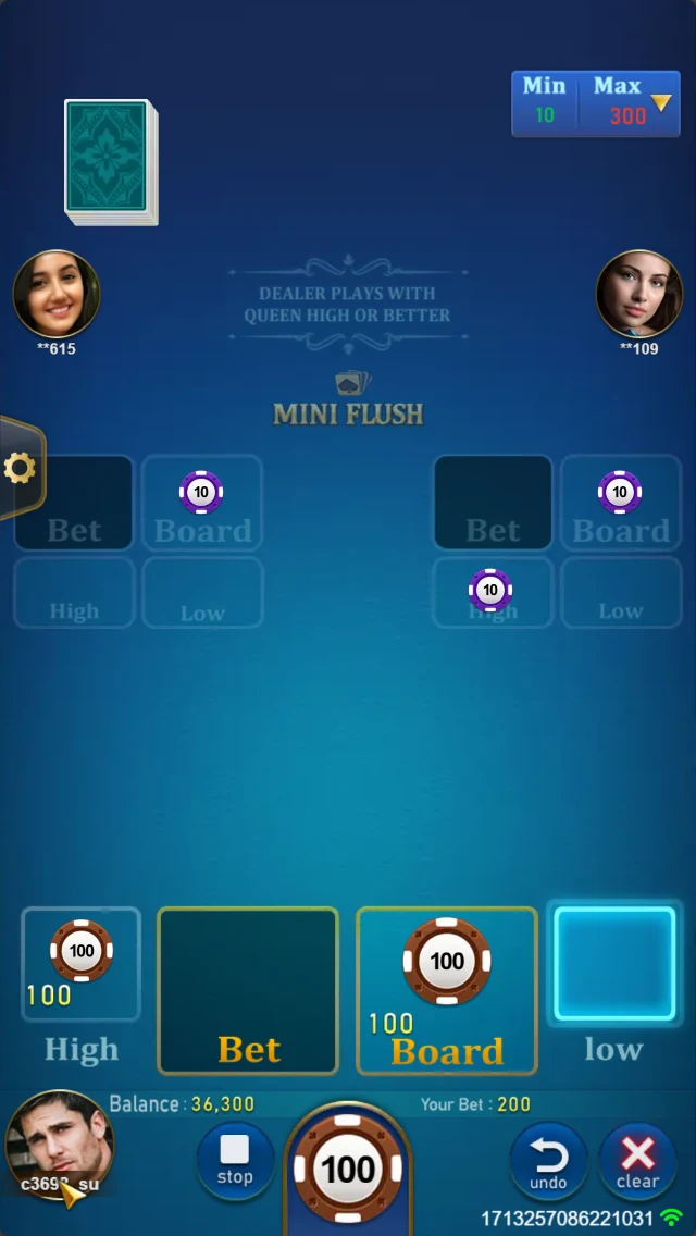 MINI FLUSH: Table screen with card positions and action controls.