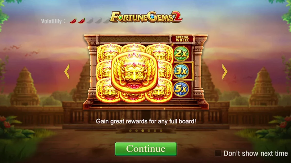 Fortune Gems 2: Introduction showing a board of matching symbols.