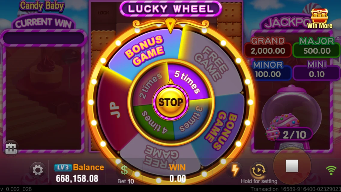Candy Baby: Lucky Wheel screen with different feature segments.