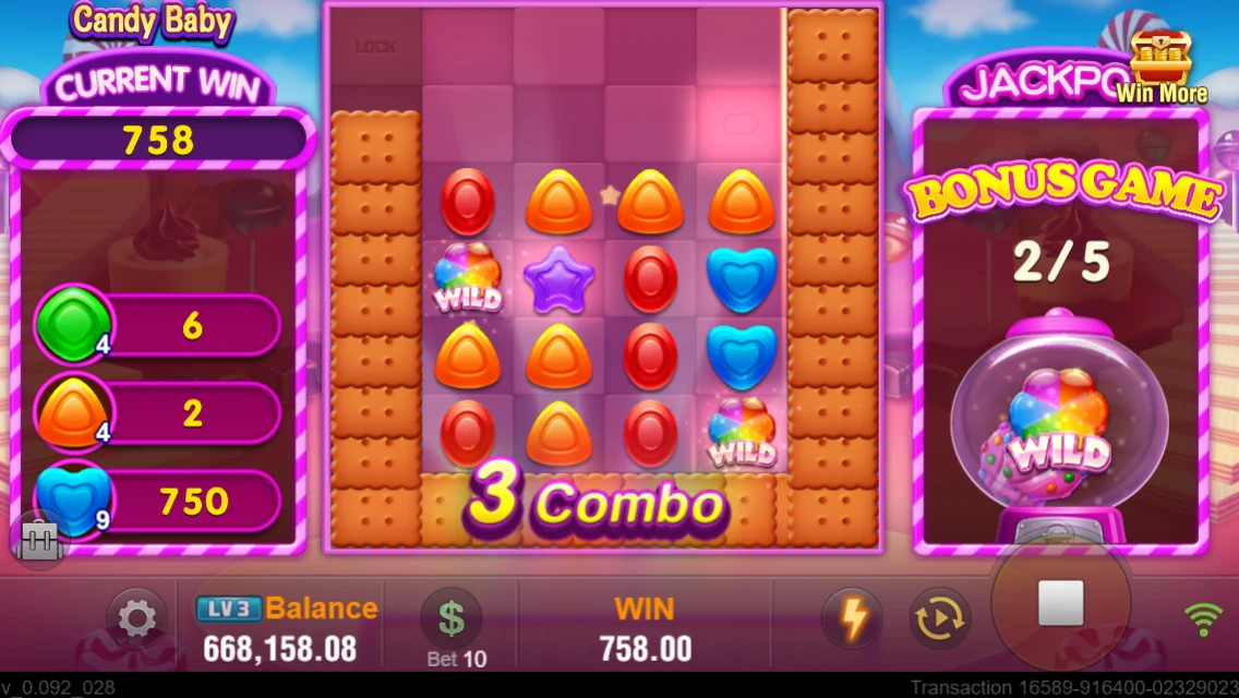 Candy Baby: Bonus Game screen with a combo count and candy grid.