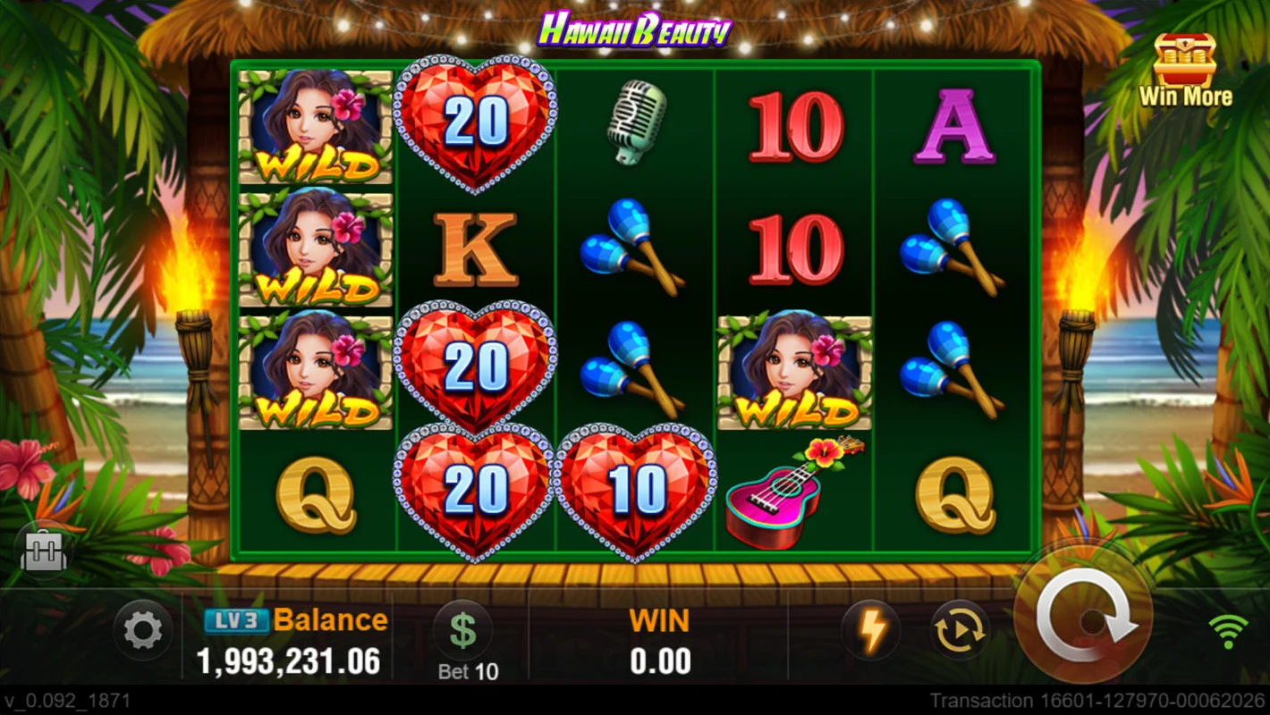 Hawaii Beauty: Main reels with character and heart symbols.
