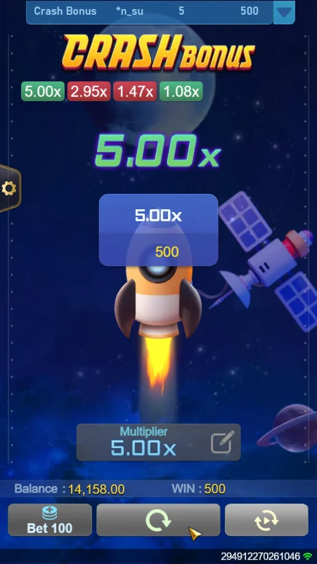 Crash Bonus: Rocket scene with a 5.00x captured result.