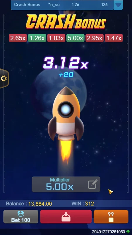 Crash Bonus: Rocket interface with a 3.12x multiplier displayed.