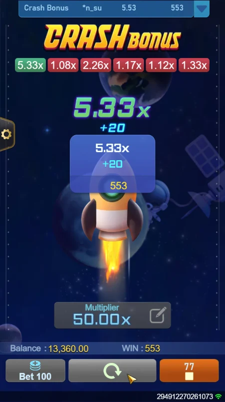 Crash Bonus: Rocket scene with a 5.33x captured result.
