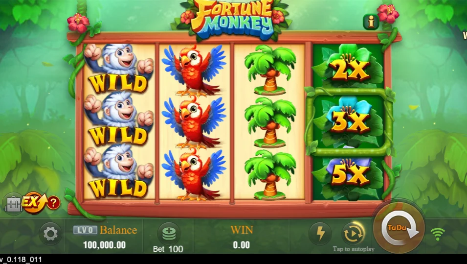 Fortune Monkey: Main reels with Wild symbols and a multiplier column.