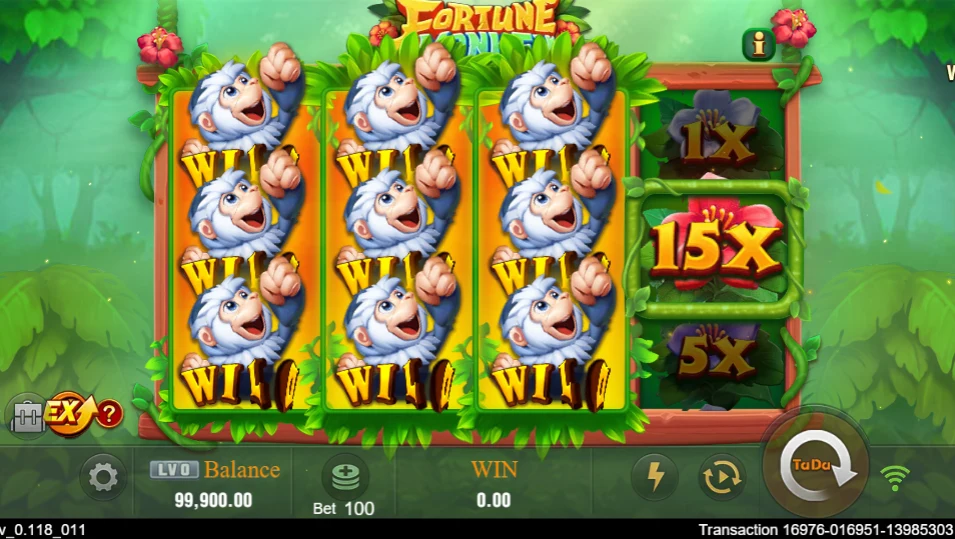 Fortune Monkey: Matching monkey symbols beside a 15x label.