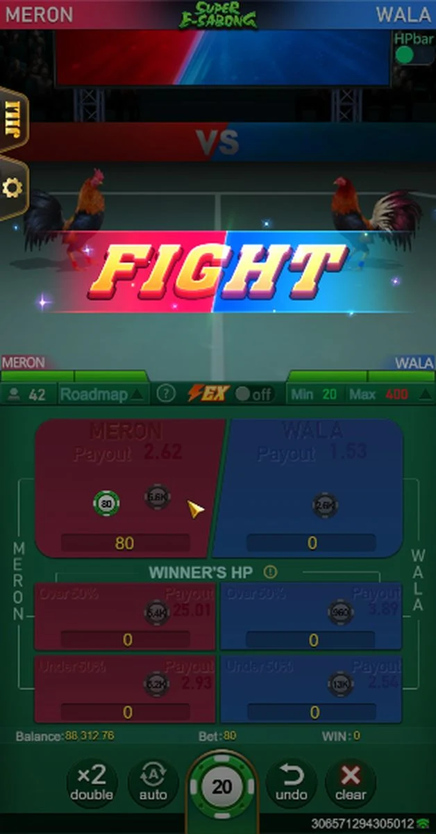 Super E-Sabong: Fight prompt above the selection panel.