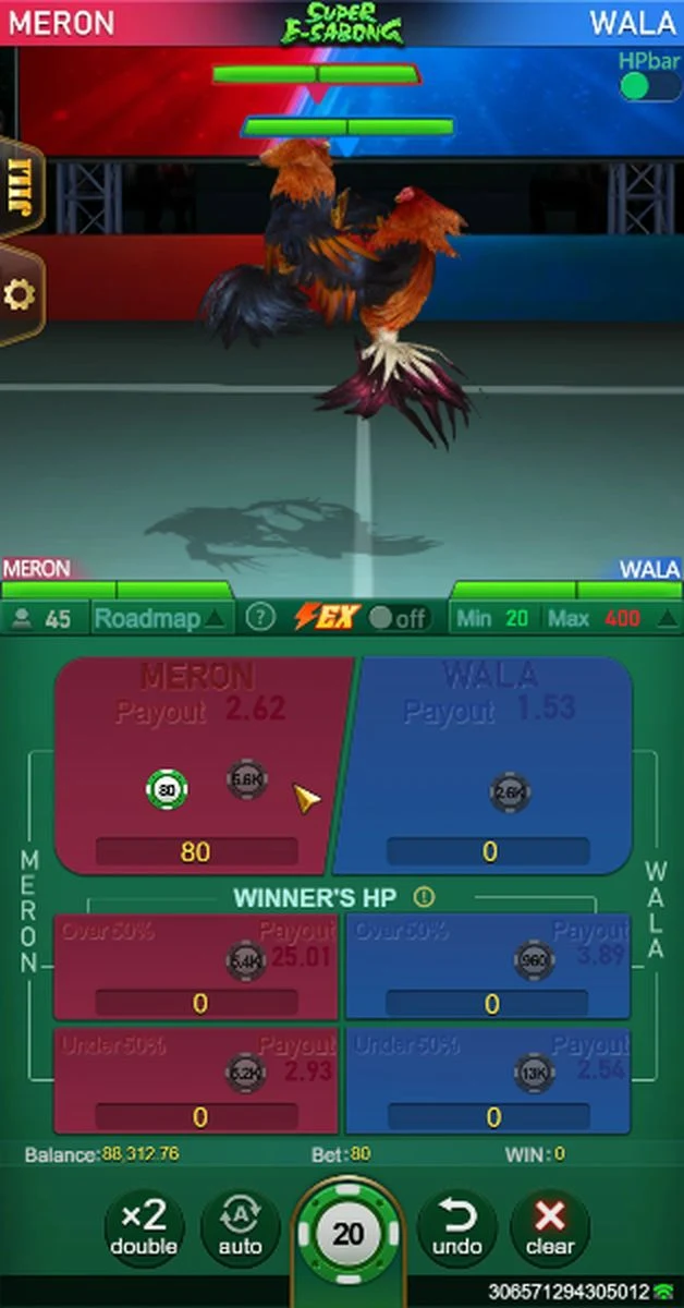 Super E-Sabong: Animated battle scene above the choice panel.