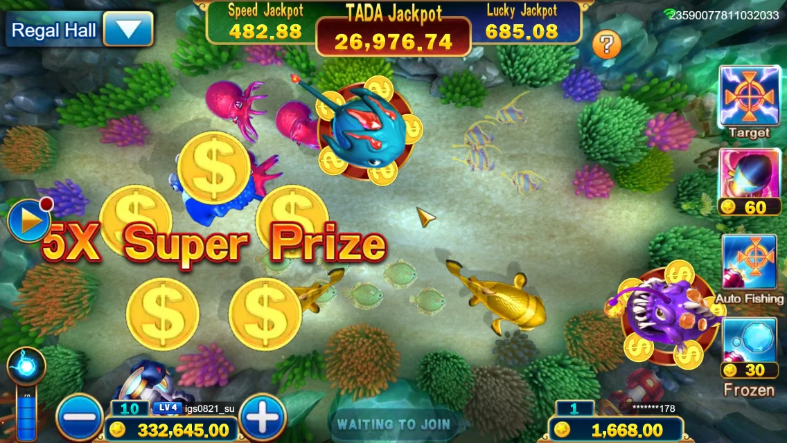 Jackpot Fishing: Fishing arena with jackpot counters and a prize effect.