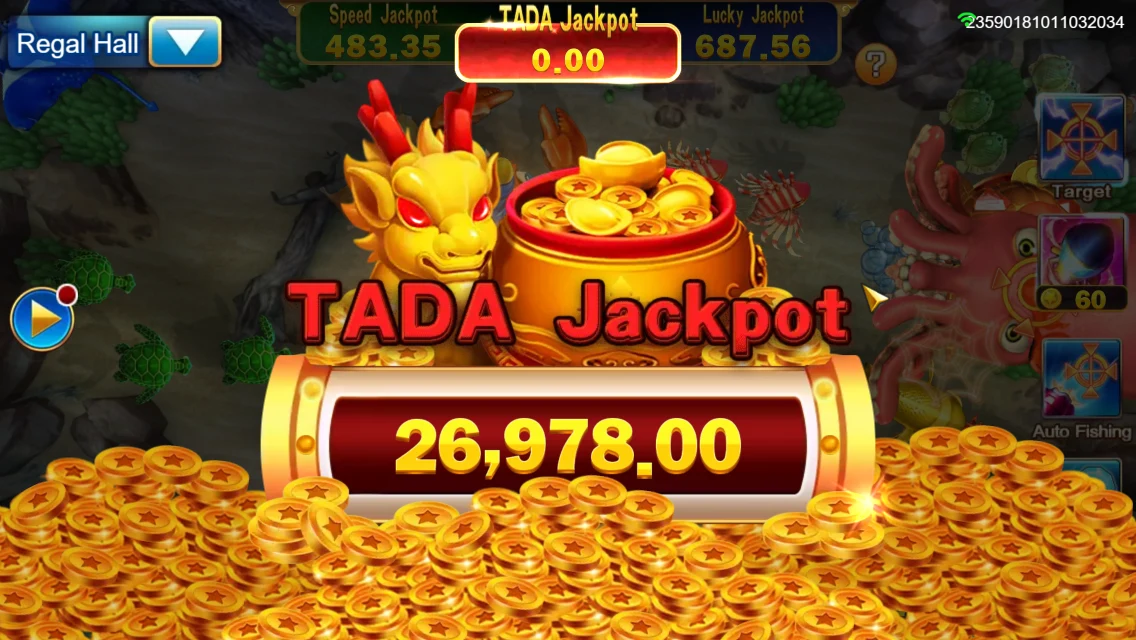 Jackpot Fishing: Jackpot result overlay above a pile of coins.