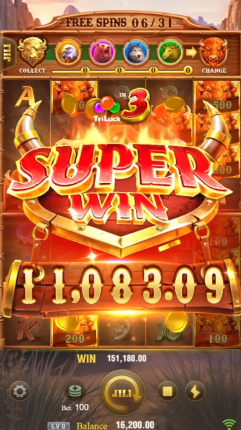 SUPER WIN overlay with a free-spin counter visible at the top.