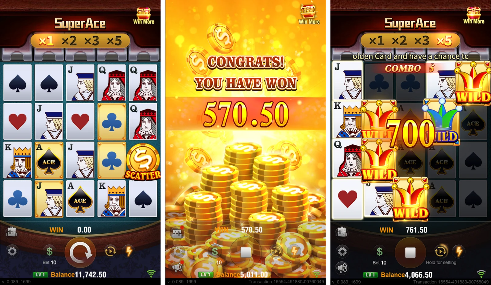 Super Ace: Composite main-game image showing reels and captured result overlays.