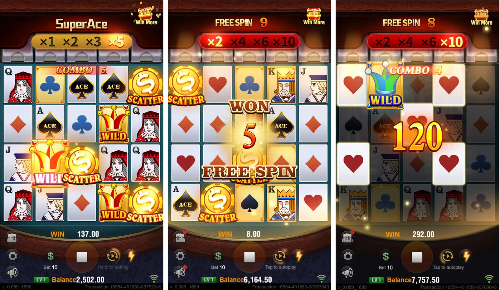 Super Ace: Composite Free Spin image with reels, counters and multiplier labels.