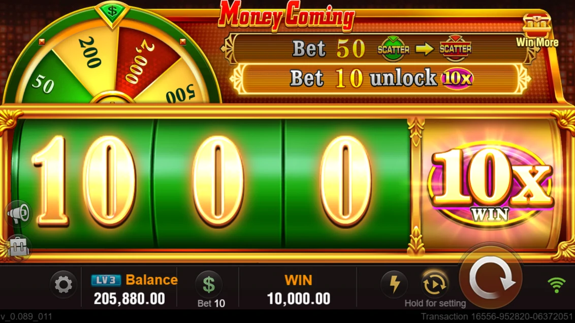 Money Coming: Number reel result with a 10x symbol.
