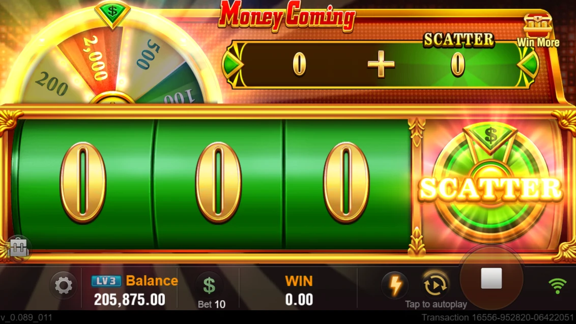 Money Coming: Scatter symbol beside the wheel and result area.