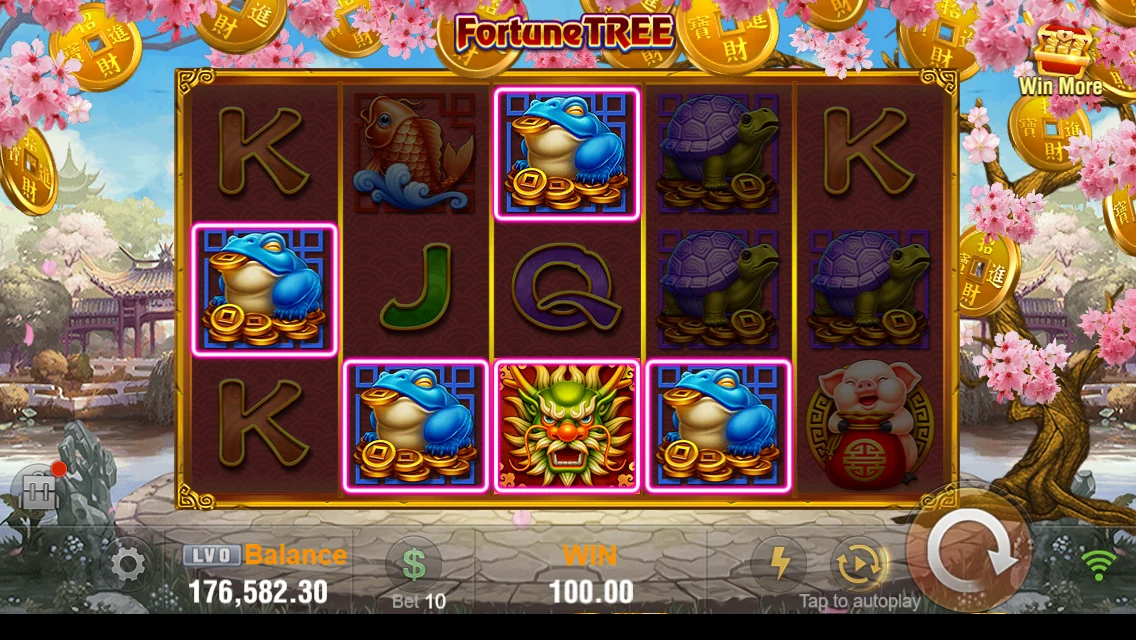 Fortune tree: Main reel screen with animal and letter symbols.