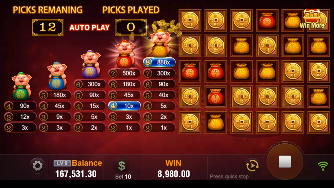Fortune tree: Coin pick board with picks remaining and prize columns.