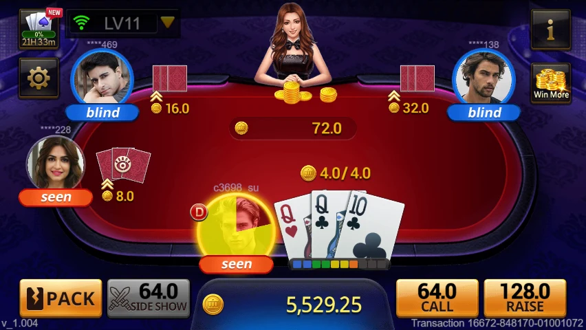 Teen Patti: Card table with player positions and action controls.