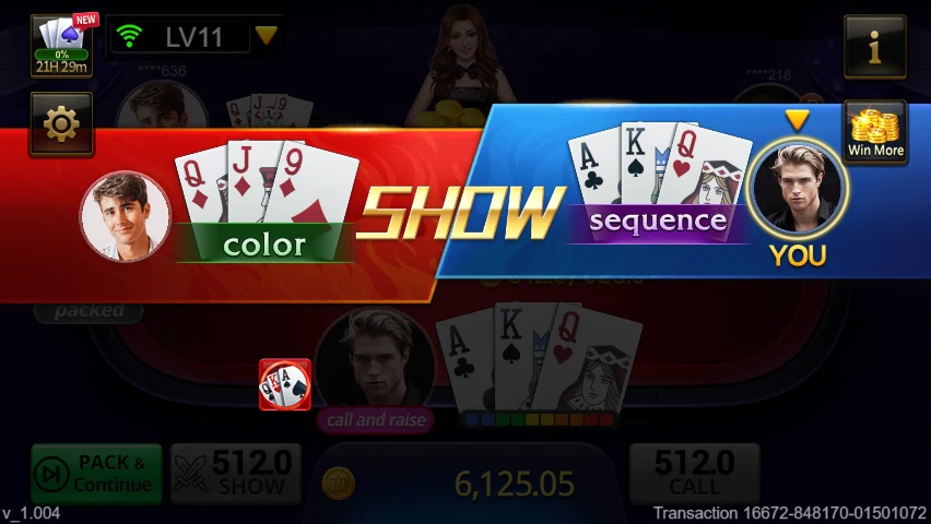Teen Patti: Show comparison displaying two card combinations.