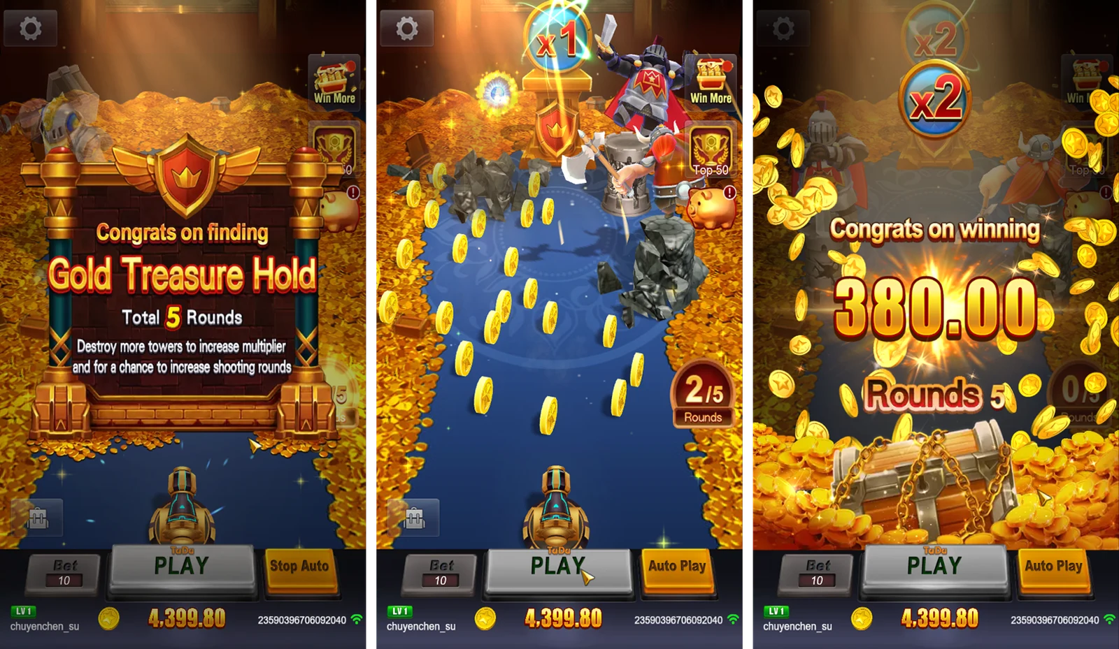 Crazy Hunter: Composite Gold Treasure Hold introduction, game and result screens.